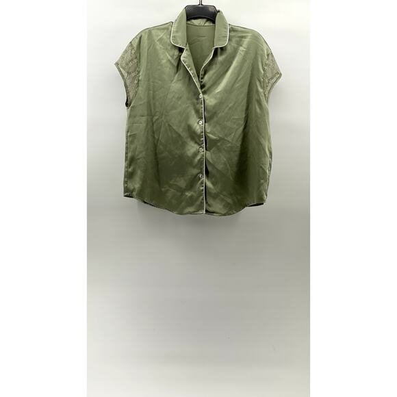 AW. BRIDAL Women's Green Satin Button-Up Short Lace Sleeve Pajama Top SZ M - Picture 1 of 11